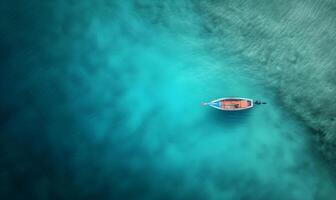 Boat on the water surface from top view, turquoise blue water background from top view, summer seascape from air, island, travel and vacation image photo