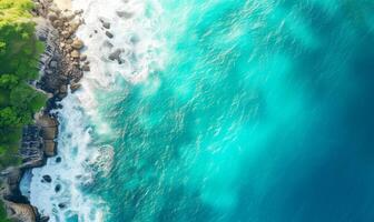 Aerial top view amazing beach with perfect nature, green forest peaceful and rock around island photo