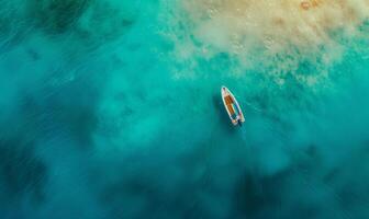 Boat on the water surface from top view, turquoise blue water background from top view, summer seascape from air, island, travel and vacation image photo