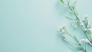 Delicate and minimalist spring composition with white flowers resting on a blue background photo