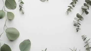 Eucalyptus branches arranged on a white surface creating a natural frame with copy space in the center photo