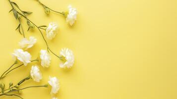Delicate white carnations border a sunny yellow backdrop, perfect for romantic or joyful designs. Top view with copy space for cards or invitations photo