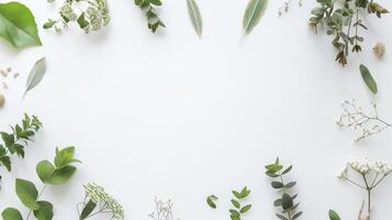 Green leaves and white flowers creating a border on a white backdrop photo