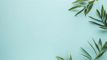Perfect for creative designs lush green leaves against a pastel blue background, ideal for spring or summer projects photo