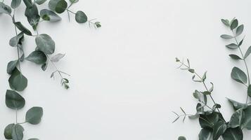 Eucalyptus branches create a minimalist and natural border on a clean, white surface photo