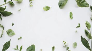 Frame of fresh green leaves is lying on a white background creating a copy space photo