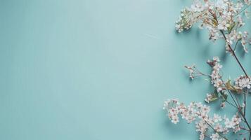 Spring-themed white flowers on blue background, forming a natural frame with space for text photo
