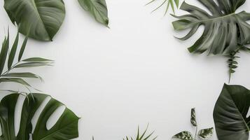 Variety of tropical leaves creating a frame on a white background with copy space photo