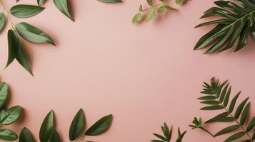 Green tropical leaves creating a frame on a pink background with copy space in the center photo