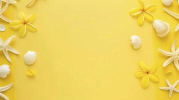 Refreshing summer vibes with white seashells and yellow frangipani flowers on a sunny yellow background photo