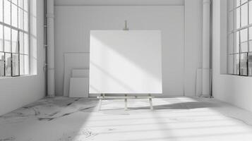3d illustration of a white canvas on an easel in a spacious loft room with two windows, white walls, concrete floor, and sunlight casting shadows photo