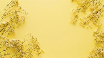 Dried flowers creating a minimalist frame against a yellow background with space for text photo