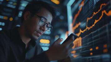 Financial analyst uses a smartphone to track stock market data in a server room photo
