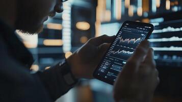 Businessman reviewing financial data on his tablet in the office at night, with charts and graphs visible on the screen photo
