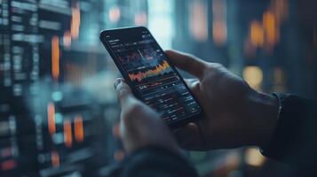 Stock market trader reviews financial data on a mobile app in a server room photo