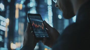 Businessman uses a tablet to monitor stock market data with a city skyline in the background photo