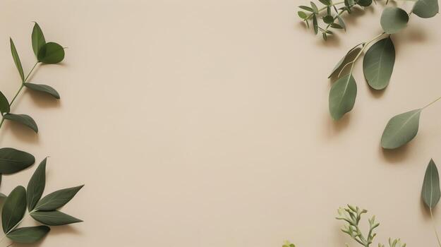 Eucalyptus and ruscus branches forming a border on a neutral beige backdrop with room for text photo