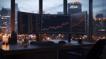 Programmer works late in a contemporary office with a stunning nighttime cityscape photo