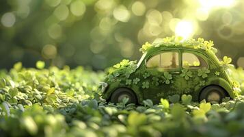 Green toy car covered in shamrocks is driving through a field of clover on a sunny day photo