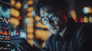 Late-night stock market broker analyzing charts and data on computer and smartphone photo