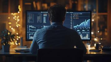 Late-night financial analyst working under the glow of multiple monitors displaying financial data photo