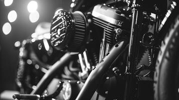 Black and white close-up of a motorcycle engine gleaming under stage lights at a motorcycle show photo