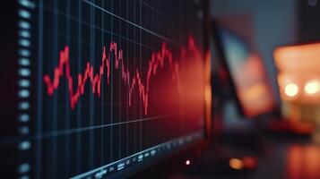 Stock market chart showing a downward trend in red, indicating a bearish market sentiment photo