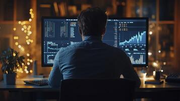 Financial analyst burning the midnight oil, studying charts and graphs on numerous computer screens photo