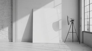 White canvas in a minimalist industrial space with a spotlight creating shadows on the wall photo