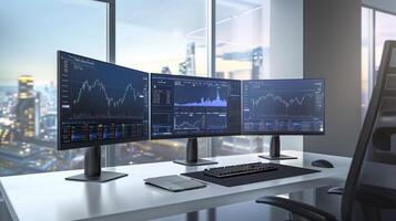 Stock market trader is studying charts on several screens at night in an office overlooking a city skyline photo