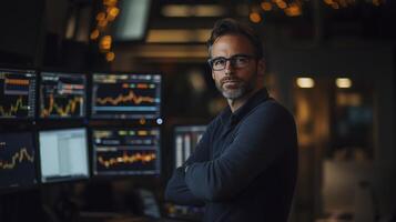 Stock market broker analyzing charts on multiple computer screens while standing with his arms crossed in his office at night photo