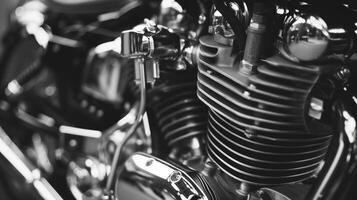 Motorcycle's engine parts shining in the light in black and white photo