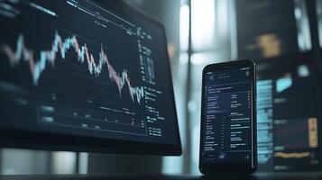 Stock market trader is analyzing cryptocurrency charts on multiple screens, looking for trading opportunities photo