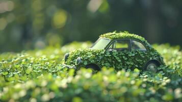 Tiny car adorned with clovers rests in a field, representing eco-friendly energy and sustainability photo