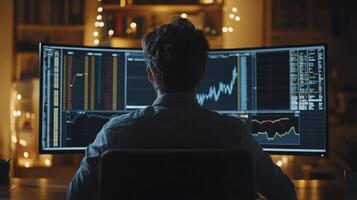 Financial analyst working late analyzing charts on a dual-monitor computer setup in his home office photo