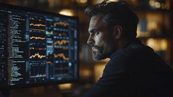 Financial analyst works late in the office, analyzing data on his computer screen photo