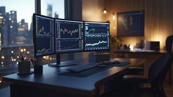 Late night financial analyst modern office desk with multi-monitor computer displaying stock market charts photo