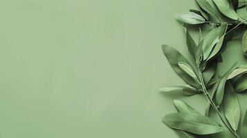 Green leaves creating a natural frame on a green background, perfect for sustainable or eco-friendly themed designs photo