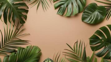Tropical jungle leaves creating a border on a pastel background with space for text in the center photo