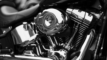 Beautiful close-up of a black and white chrome engine glistening in the sun, highlighting its custom style and intricate mechanics. Ideal for enthusiasts of classic american choppers photo