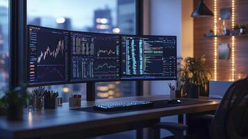 Software developer is working late at night, analyzing code and monitoring stock market data on multiple monitors in a modern office photo