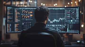 Computer programmer is burning the midnight oil, focused on intricate charts and code shown on numerous screens photo
