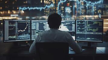 Stock market broker is working late, analyzing charts and graphs on multiple computer screens photo