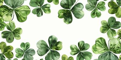 Green watercolor shamrock clover leaves border surrounding a white background, creating copy space photo