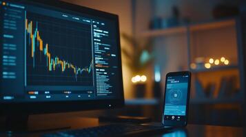 Analyzing bitcoin cryptocurrency exchange on a computer and smartphone app in the evening photo