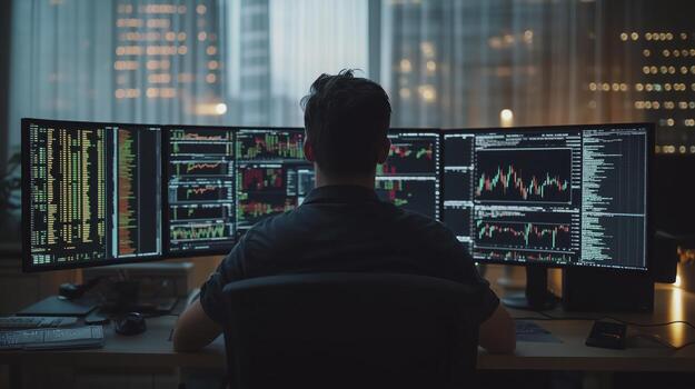 Late night stock market broker analyzing charts and data on multiple monitors photo