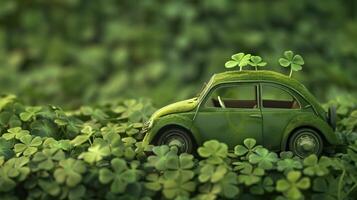 Green toy car is driving through a field of clover with three leaf clovers growing on its roof photo