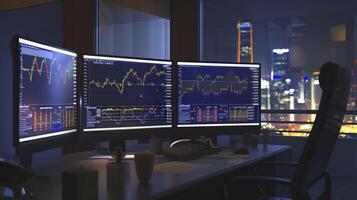 Nighttime cityscape stock market workspace with live charts displayed on multiple monitors photo