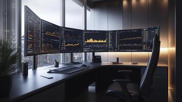 Modern office with a large desk and multiple curved computer monitors showing financial data photo