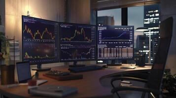 Stock market trader is analyzing charts on multiple monitors at his desk at night photo